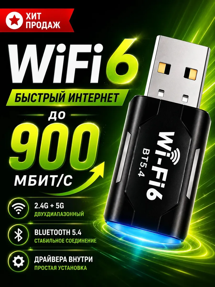 Wifi адаптер для компьютера, USB 5 ГГц + блютуз, 2в1