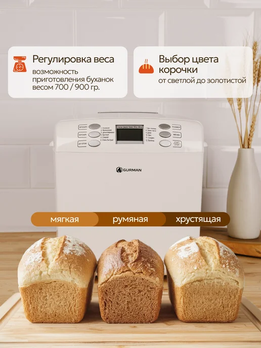 GURMAN Хлебопечка с замесом теста электрическая, белый, фото 2
