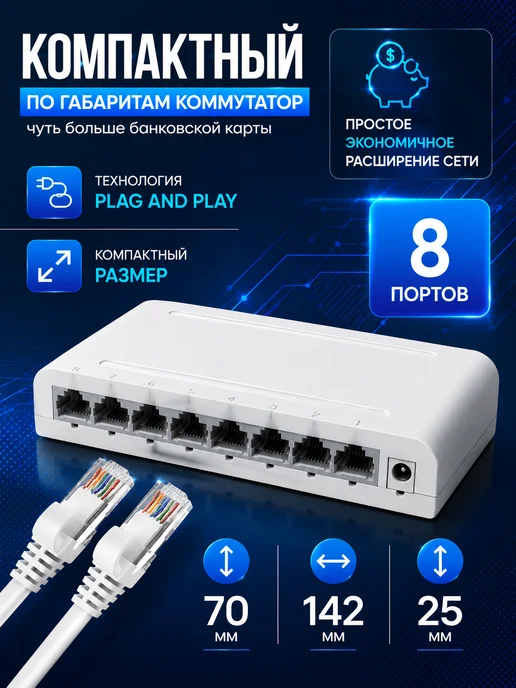 YouSaleHub Коммутатор 8 портовый 1Гбит сек. Суммарно 20 Гбит с, вариант, фото 3