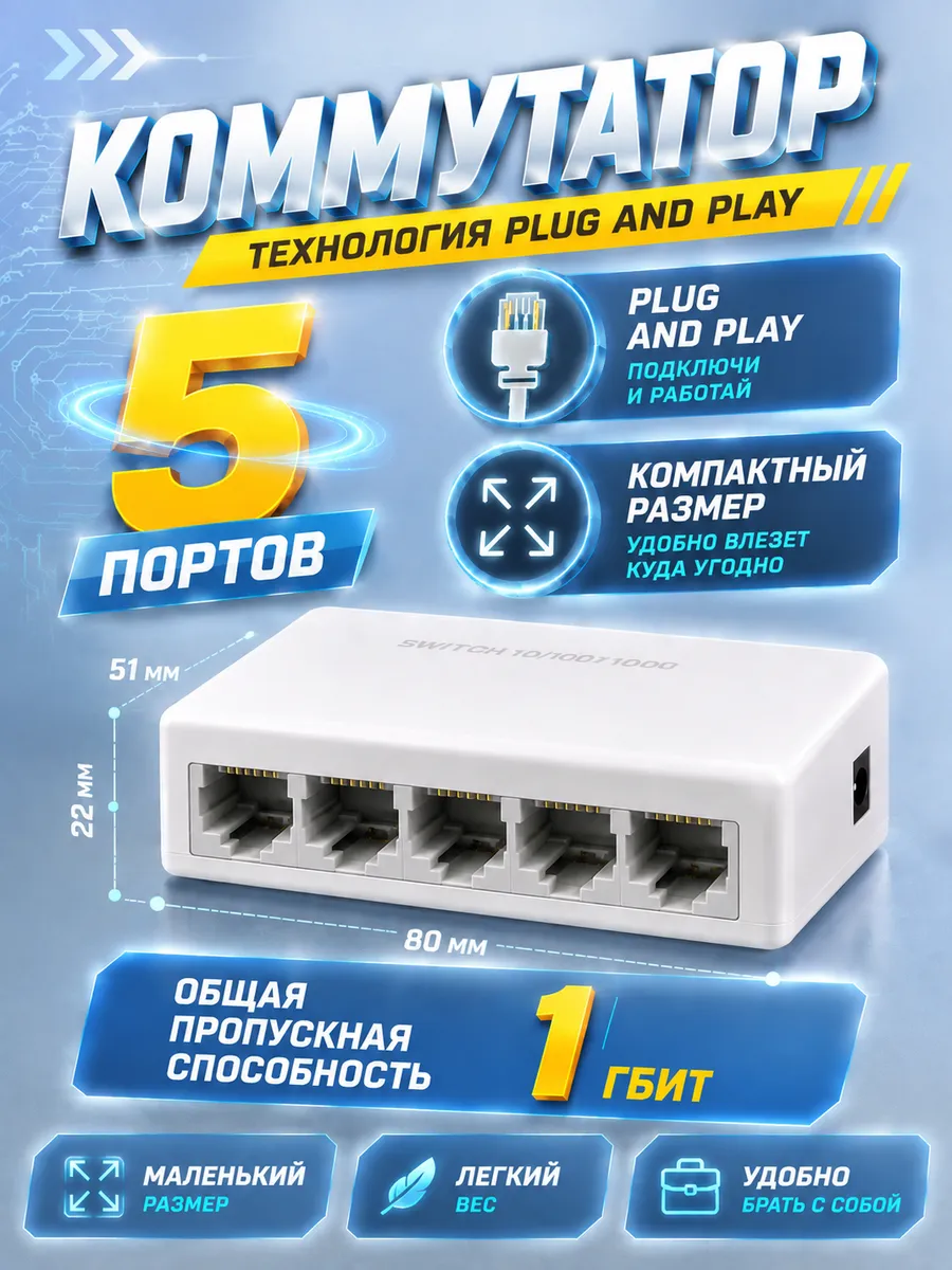Коммутатор свитч 5 портовый 10/100мбит. 1гбит суммарно