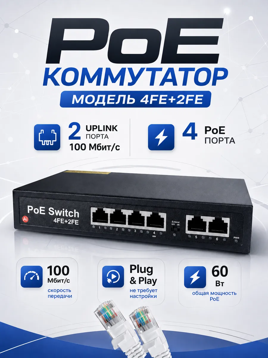 PoE коммутатор 4 порта PoE + 2 Uplink 100 Мбит/с 802.3af/at