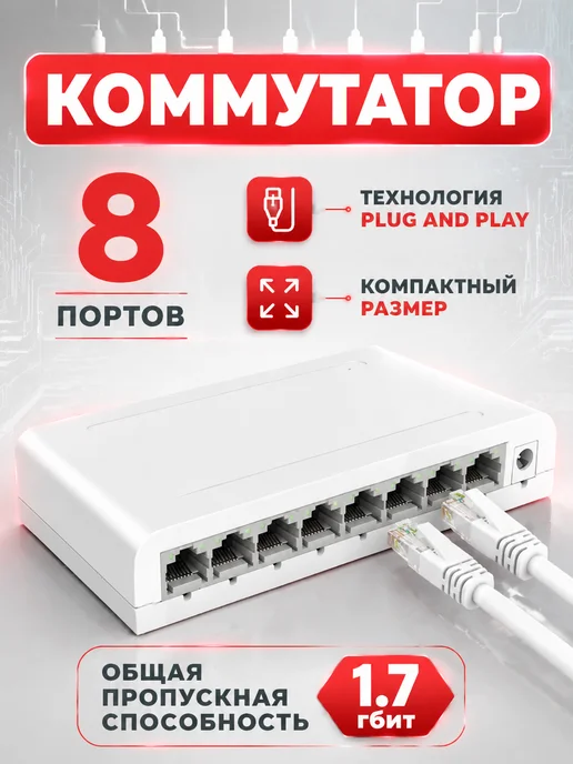 YouSaleHub Коммутатор 8 портовый 10 100мбит. 1.7гбит суммарно, вариант