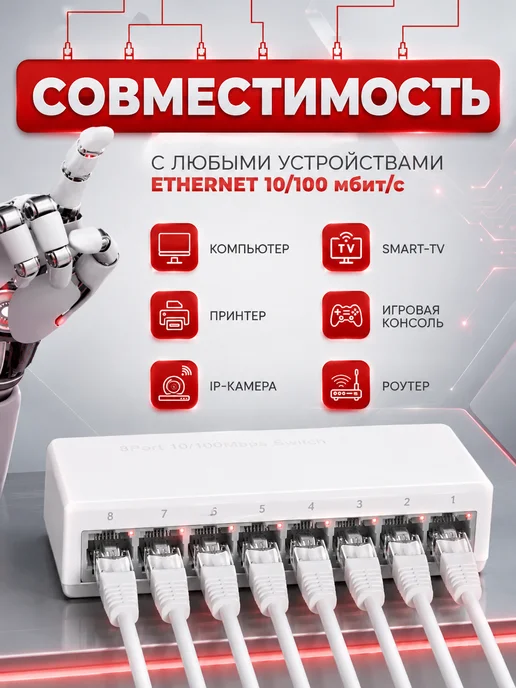 YouSaleHub Коммутатор 8 портовый 10 100мбит. 1.7гбит суммарно, вариант, фото 5