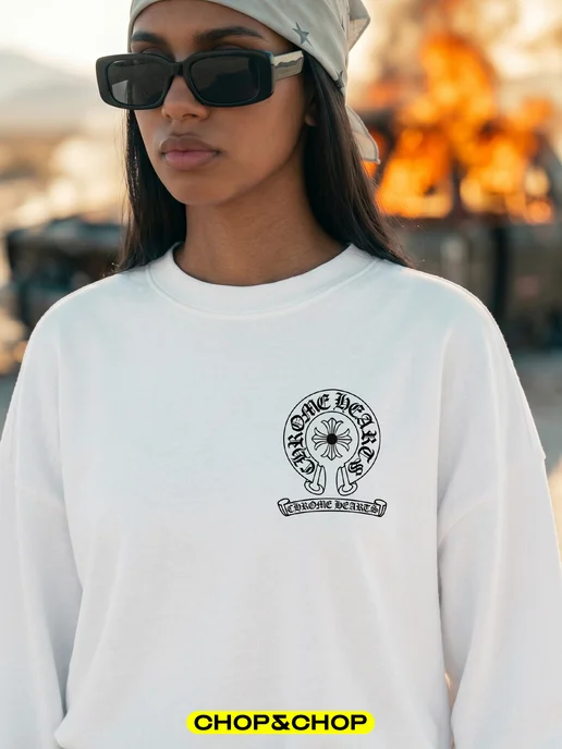 CHOP&CHOP Лонгслив Chrome Hearts хром хартс хлопок с принтом sk8, белый, фото 2