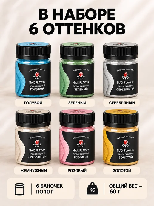 Max Flavor Кандурин кондитерский 6 цветов, блестки для торта и сдувания, 6 цв., фото 2