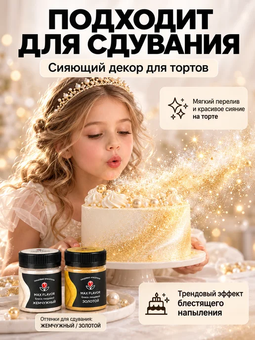 Max Flavor Кандурин кондитерский 6 цветов, блестки для торта и сдувания, 6 цв., фото 3