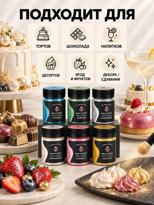 Max Flavor Кандурин кондитерский 6 цветов, блестки для торта и сдувания, 6 цв., фото 5