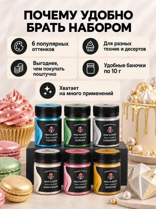 Max Flavor Кандурин кондитерский 6 цветов, блестки для торта и сдувания, 6 цв., фото 8