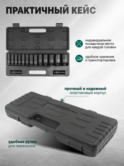 Rockforce Набор торцевых ударных глубоких головок, 15 штук, черный, фото 4