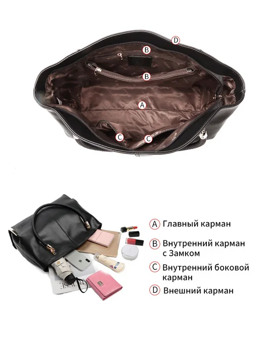 FOXERCHIC Сумка большая А4 шоппер из натуральной кожи, черный, фото 7