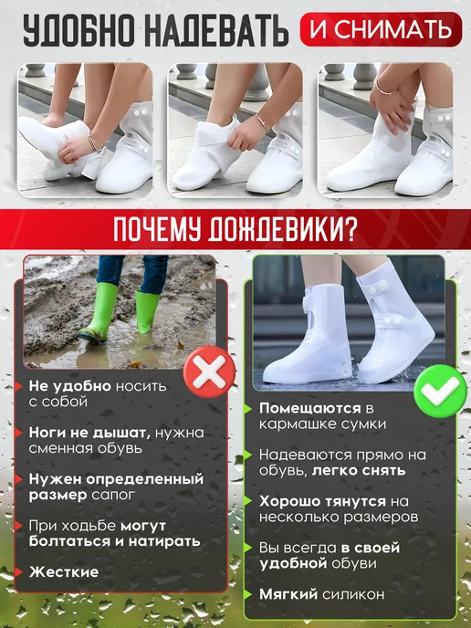 Дождевики для обуви чехлы бахилы многоразовые от дождя, белый, фото 5
