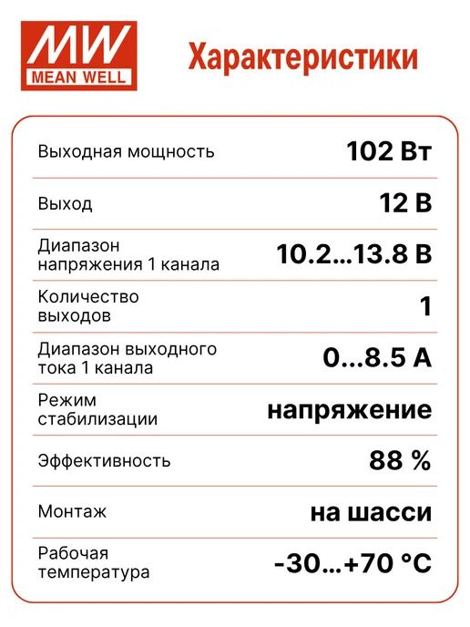 MEAN WELL LRS-100-12 (MW) Блок питания 100Вт 12В 8.5А с защитой, 100 Вт, фото 3