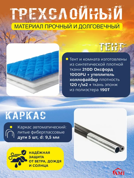 AMI Палатка туристическая 3 местная зимняя для рыбалки без дна, вариант, фото 2