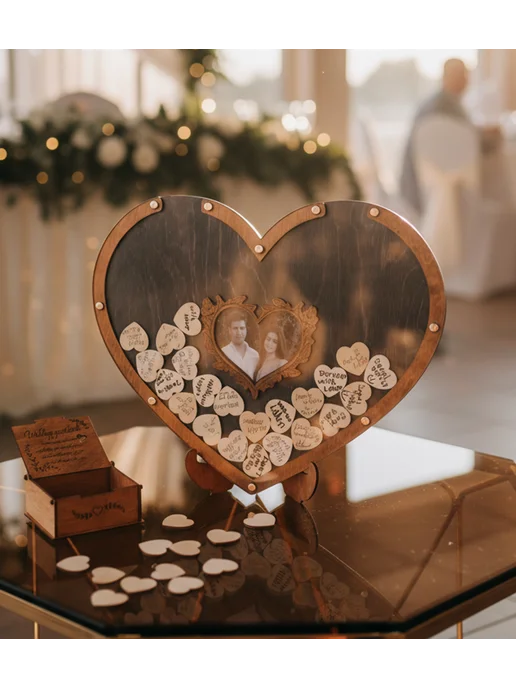 Custom Wood Gift Свадебная рамка для пожеланий, Гостевая книга на 50 сердечек, коричневый, фото 4