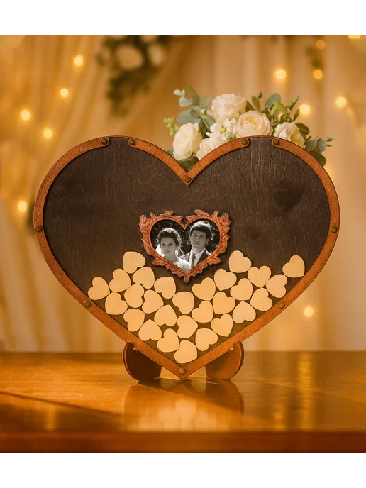 Custom Wood Gift Свадебная рамка для пожеланий, Гостевая книга на 50 сердечек, коричневый, фото 5