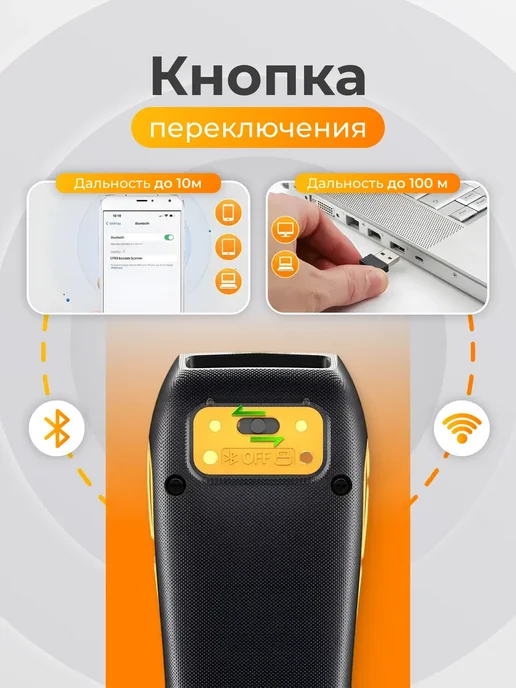 NETUM Обновленная Bерсия Беспроводной QR-сканер штрих-кода CS7501, желтый, фото 5