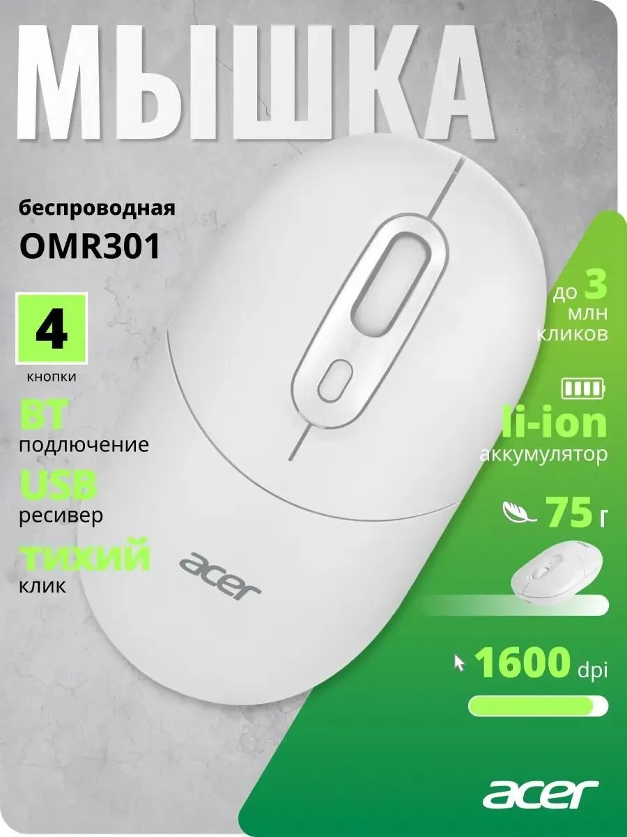 Acer Мышь OMR301 белый оптическая беспров. 4but