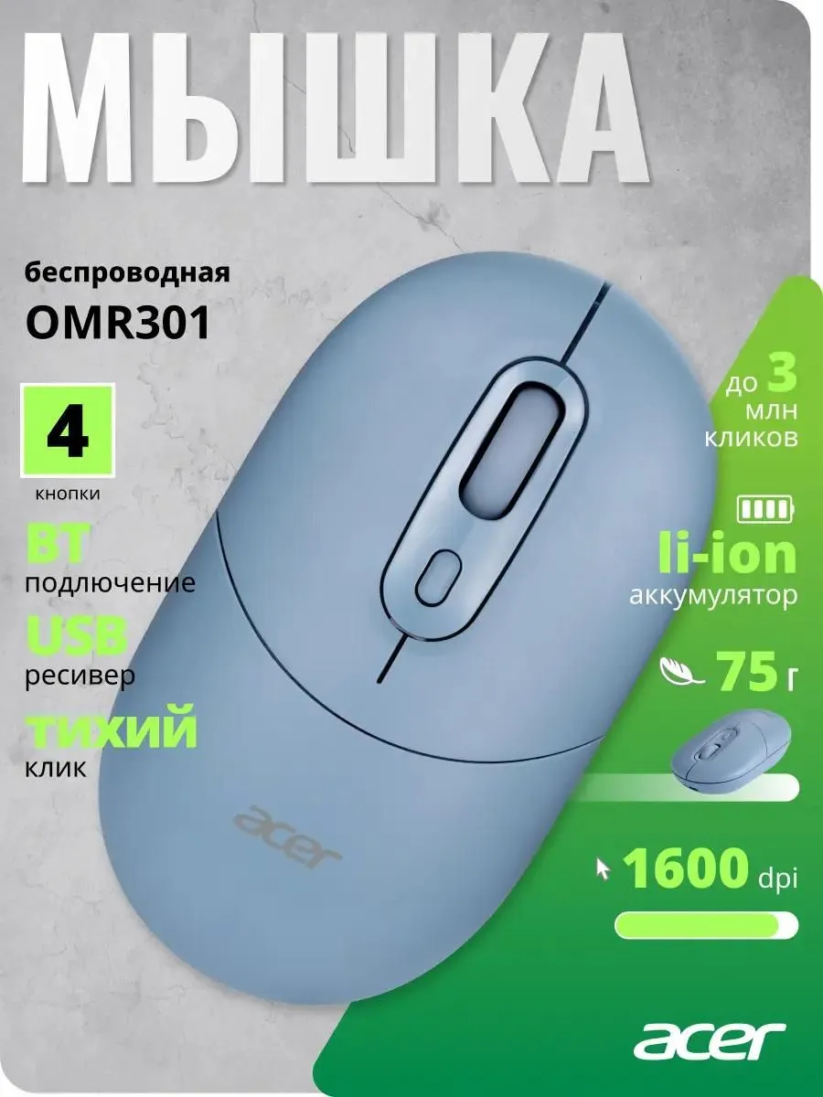 Acer Мышь OMR301 синий оптическая беспров. 4but