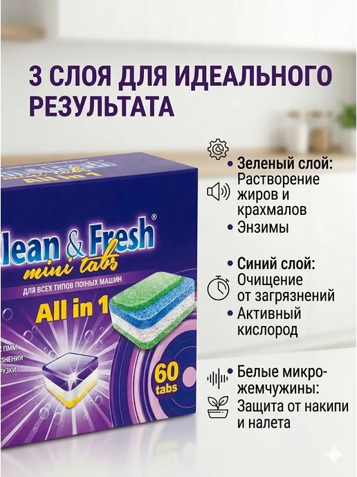 Таблетки для посудомоечных машин Clean&Fresh All in1 mini, 60 шт, фото 3