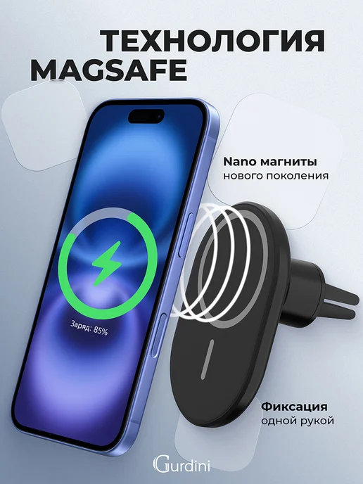 Gurdini Автодержатель на дефлектор Magsafe Car Charger Черный, черный, фото 2