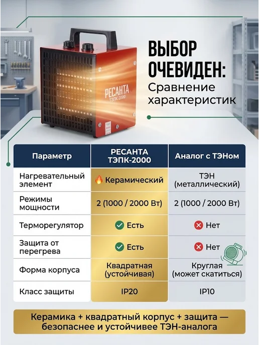 РЕСАНТА Пушка тепловая электрическая для дома ТЭП-3000К, ТЭПК-2000, фото 6