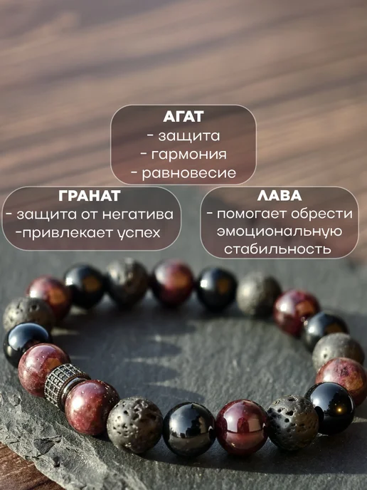 TALISMAN. Браслет из натуральной кожи и натурального граната, черный, фото 2