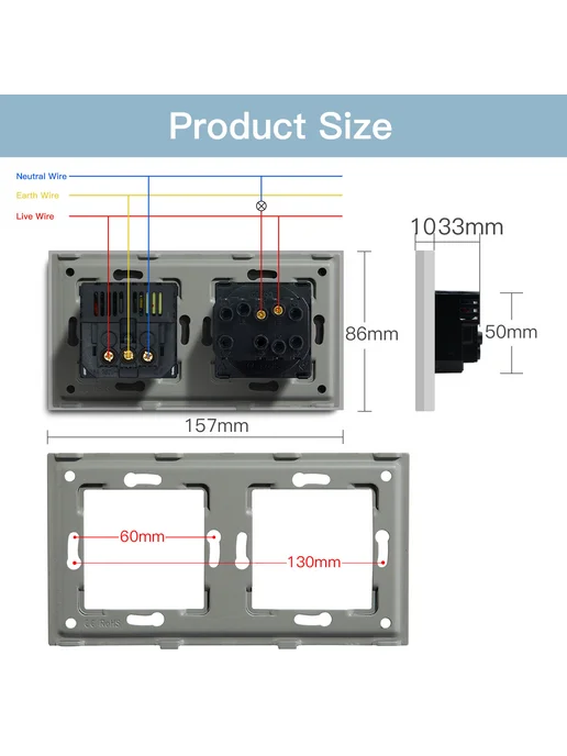 BSEED Выключатель с розеткой с TYPE-C и USB,Пластиковая рамка, серый, фото 2