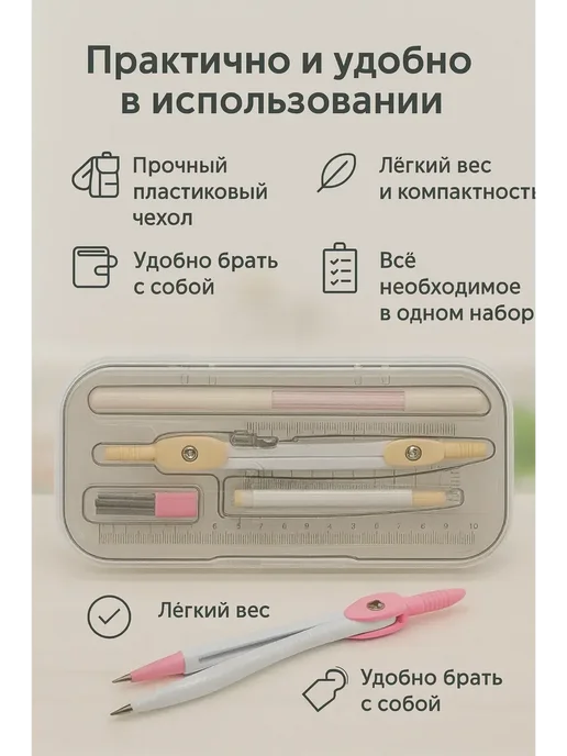 нарциссшоп Набор чертёжных инструментов — 7 предметов, розовый, фото 3