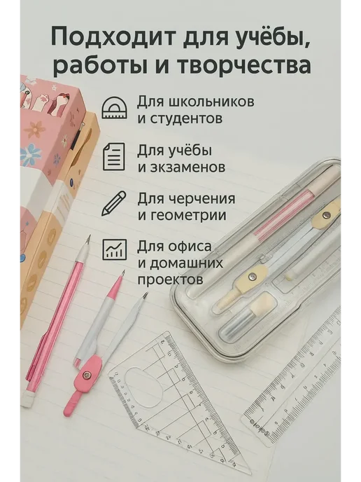 нарциссшоп Набор чертёжных инструментов — 7 предметов, розовый, фото 4