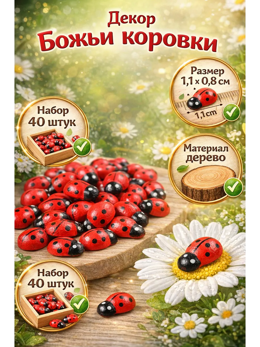 Декор для творчества дерево Божьи коровки 40 шт 1,1х0,8 см