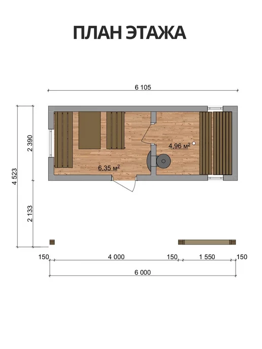 Хородом Проект каркасной бани 6*2,34 м с навесом, вариант, фото 6