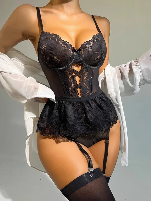 Erolanta Glossy Боди корсет кружевной с чулками Леди Love черный XL, черный