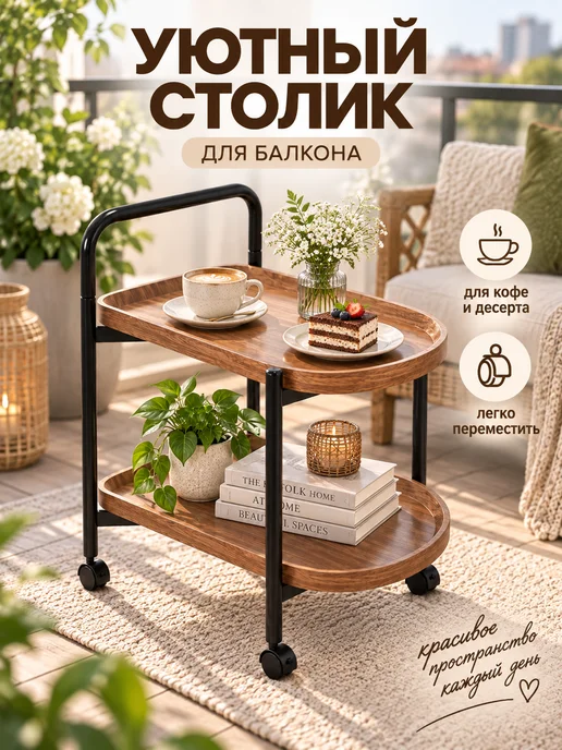 Сервировочный столик на колесиках лофт, коричневый, фото 7