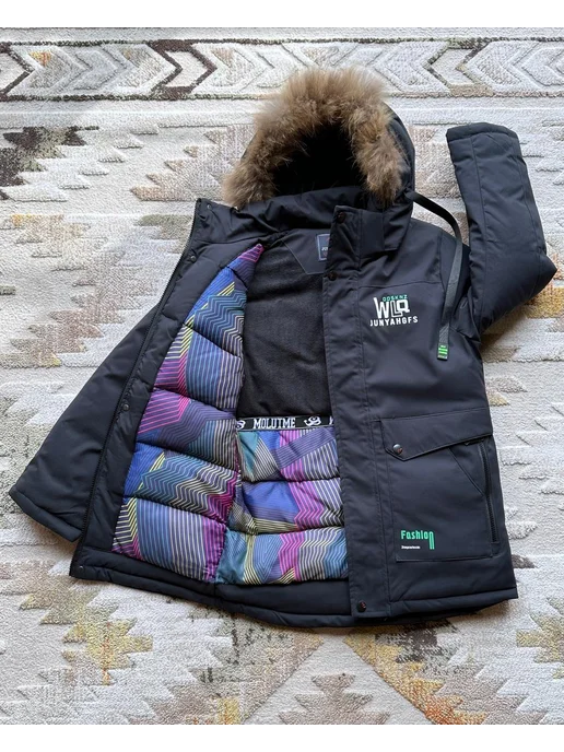 Vika kids Куртка длинная зимняя пуховик для подростка, синий, фото 5