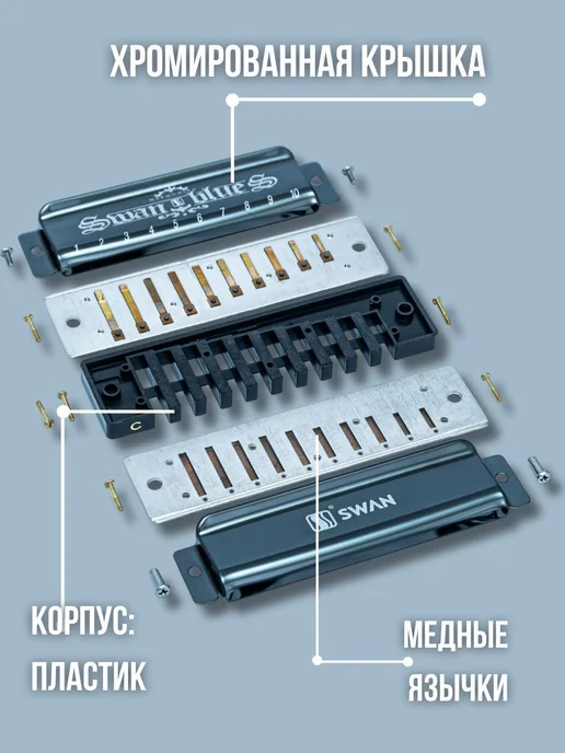 Swan Губная гармошка SW1020H-BK premium, Тональность C, 10 о, вариант, фото 2