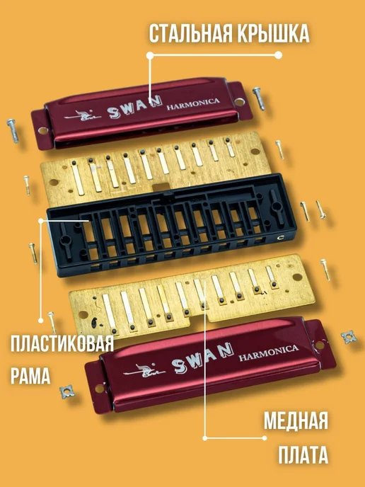 Swan Губная гармошка SW1020-3-RD, красная, 10 отверстий, красный, фото 2