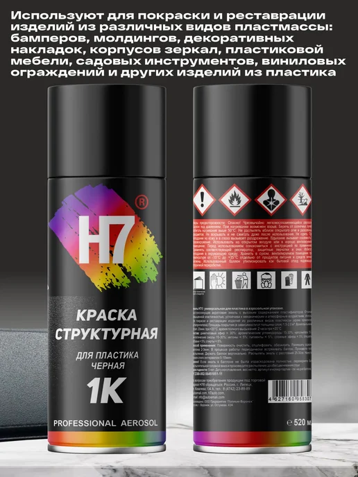 H7 Краска для пластика аэрозольная черная текстурная матовая, черный, фото 2