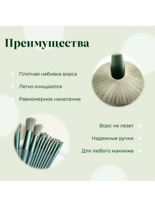 Мир косметики Кисти для макияжа профессиональные набор из 13 кистей, зеленый, фото 3