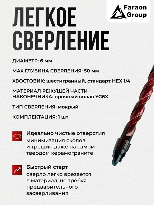 Faraon Group Сверло по керамограниту, со ступенчатым наконечником, красный, фото 2