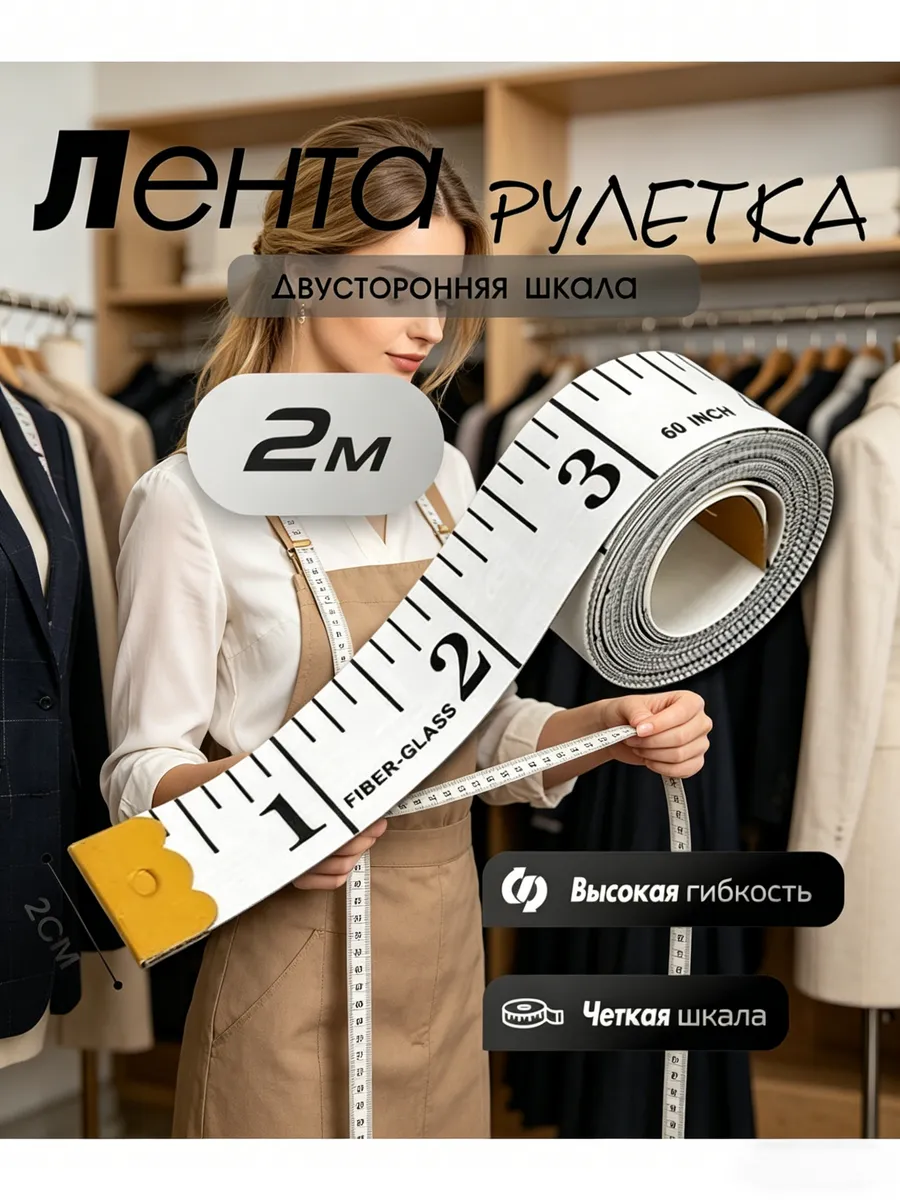 Рулетка 2м,прочная и долговечная,черно-белый