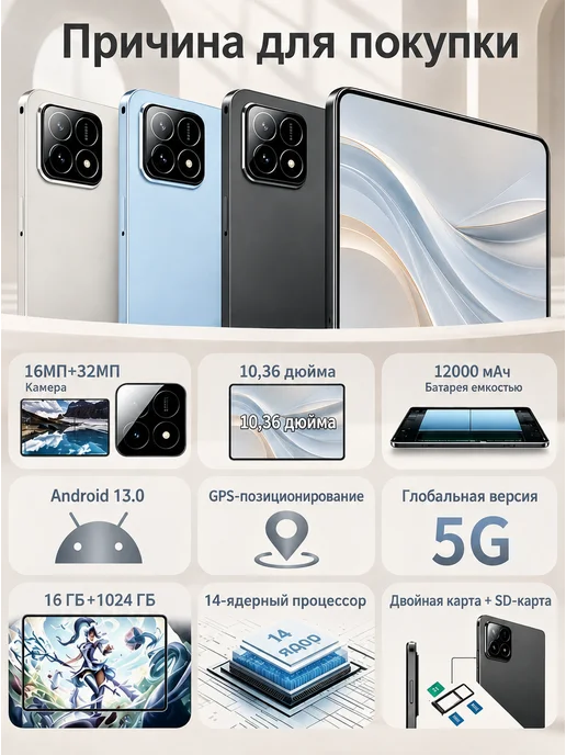 Планшет игровой Android 10,36" IPS 16ГБ+1ТБ, с клавиатурой, 16 ГБ, 1 ТБ, android, фото 6