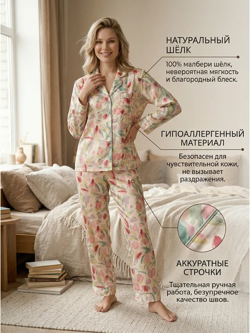 Пижама со штанами и рубашкой шелковая