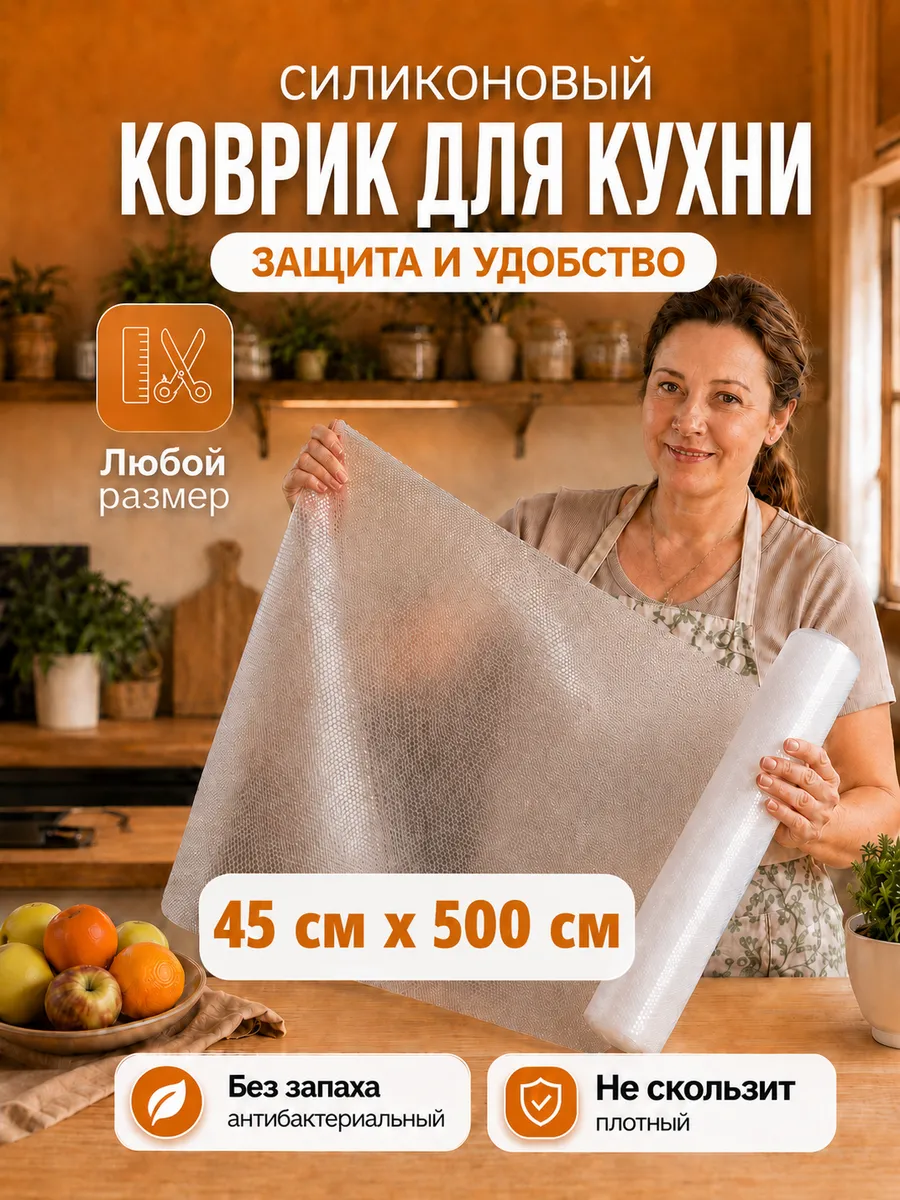 Коврик силиконовый в кухонные ящики, холодильник 45*500 см