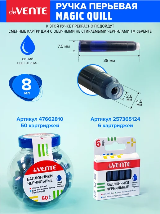 deVENTE Ручка перьевая стираемая и 3 баллончика 0,8 мл синие чернила, 0,8 мл, фото 8