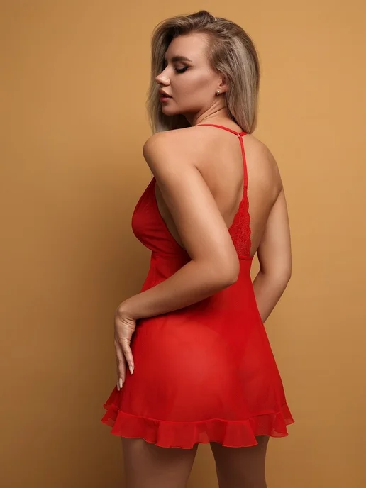 LE FRIVOLE Сорочка с кружевом и застёжкой спереди L XL, красный, фото 2