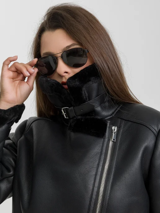 Just Chill Дубленка авиатор косуха зимняя oversize, черный, фото 5