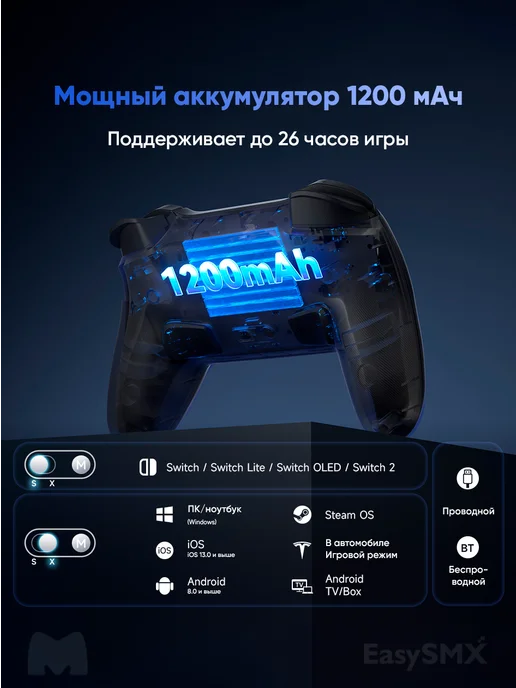 EasySMX Беспроводной геймпад S10 для Nintendo Switch 1,2 (VG-C544), белый, фото 3