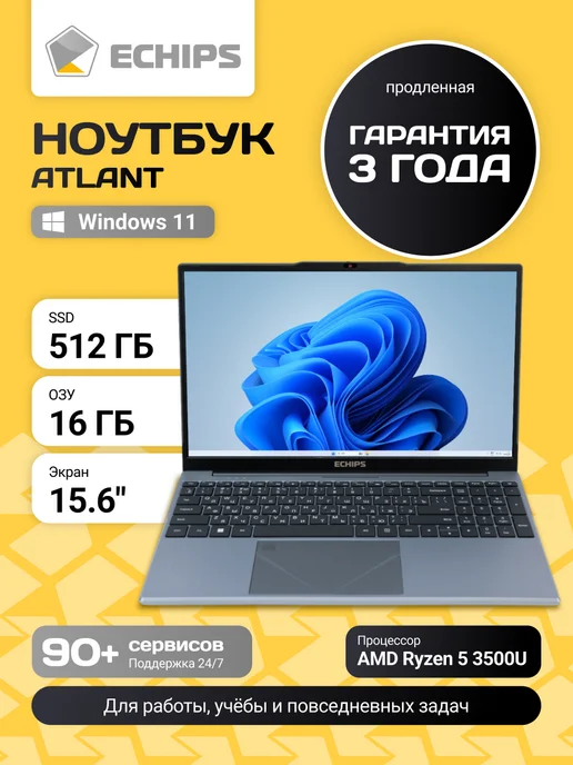 Ноутбук для работы и учебы Atlant 15,6" IPS 16 512 GB