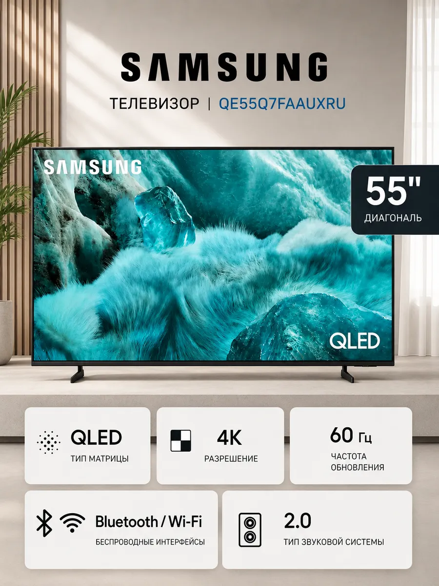 55" Телевизор QLED QE55Q7FAAUXRU, 4K UHD Smart TV