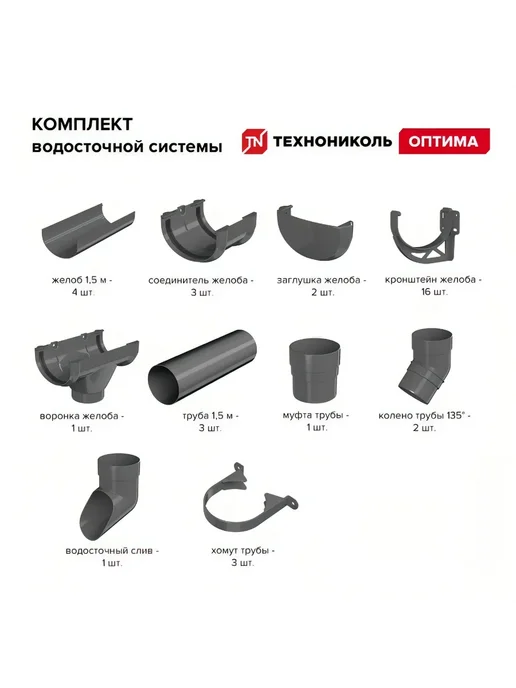 Водосток для крыши дома Технониколь оптима белый 120/80 мм, комплект для ската длиной 6м, пластиковый, высота 3 м водосточная система ТН, 6 м, серый, фото 3
